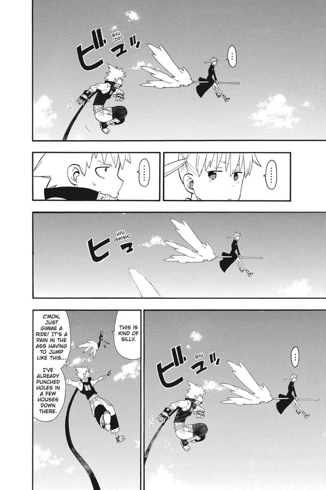 maka flying as black☆star hops around on his absurdly long scarf. they stare at each other in silence for several panels before maka says "this is kind of silly" and black☆star says "c'mon, just gimme a break! it's a pain in the ass having to jump like this. i've already punched holes in a few houses down there"