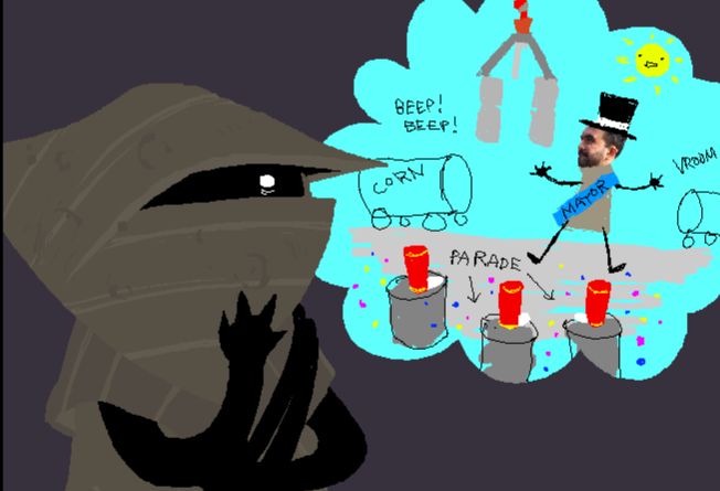 wv, aka the mayor from homestuck, fantasizing about zohran mamdani wearing a top hat and a sash that says mayor and running can town 