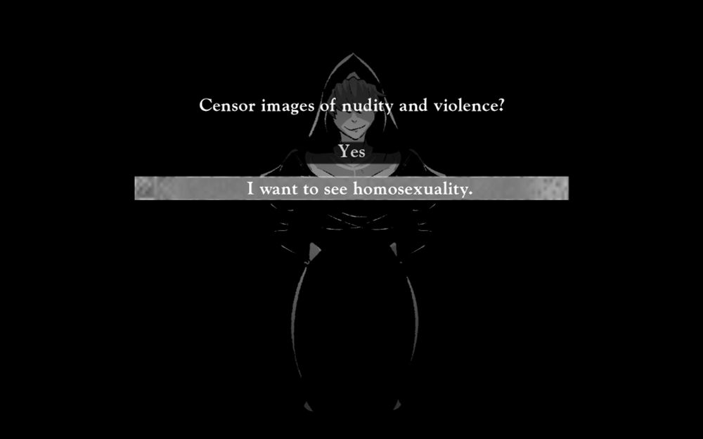 a mysterious nun from the start of volume 2 of misericorde asking if you want to censor images of nudity and violence. your options are "yes" and "i want to see homosexuality."