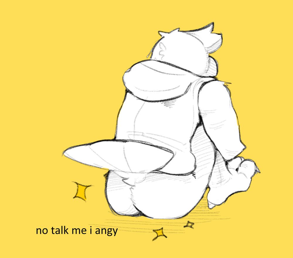 an anthro pigeon sitting in a pouty pose away from the viewer, shiny and sparkly butt in view. text in the bottom left reads: "no talk me i angy"