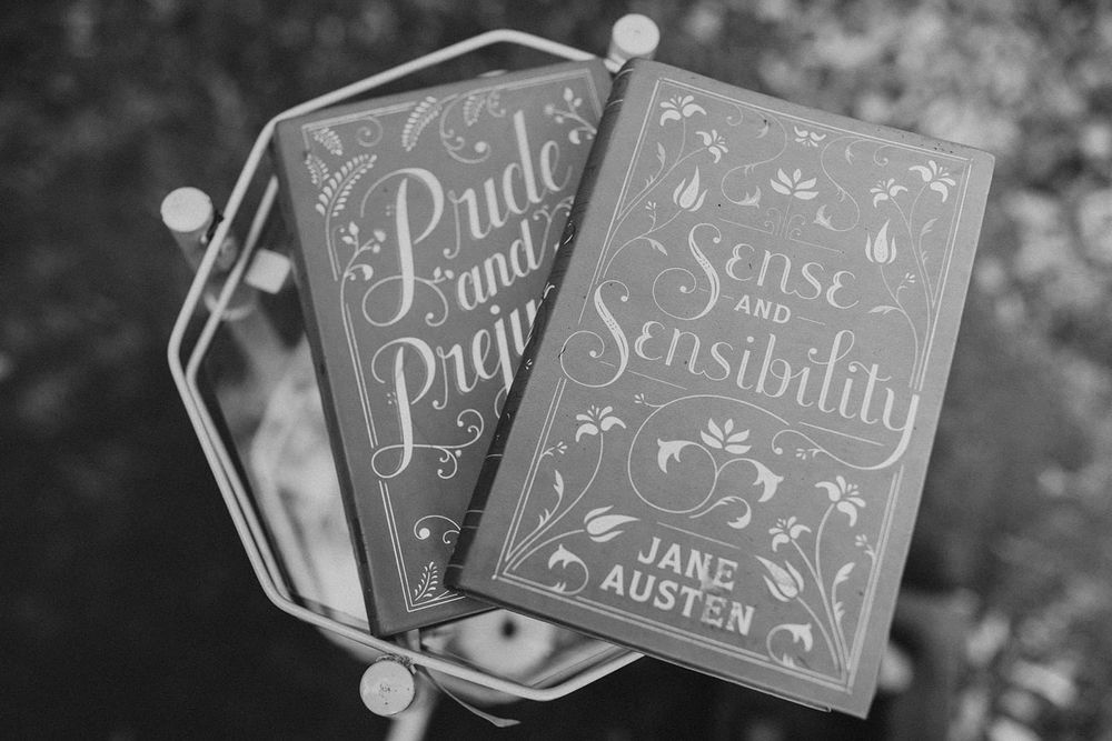  Black and white photo of two Jane Austen books 