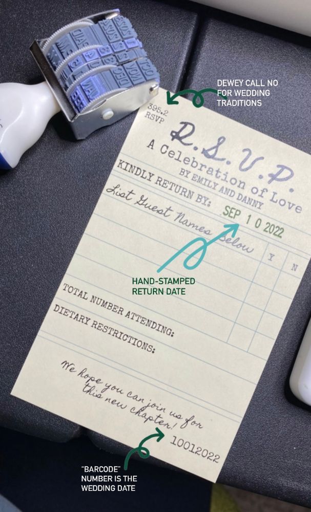 An rsvp card designed to look like a library checkout card 