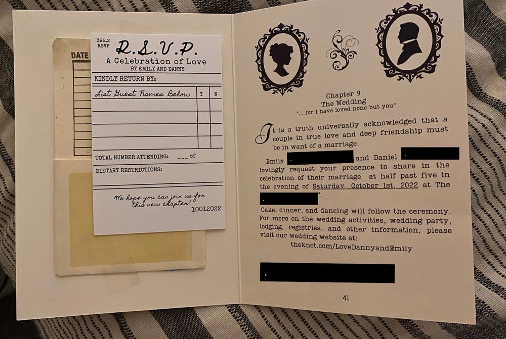 A wedding invitation designed to look like a book with a checkout card 