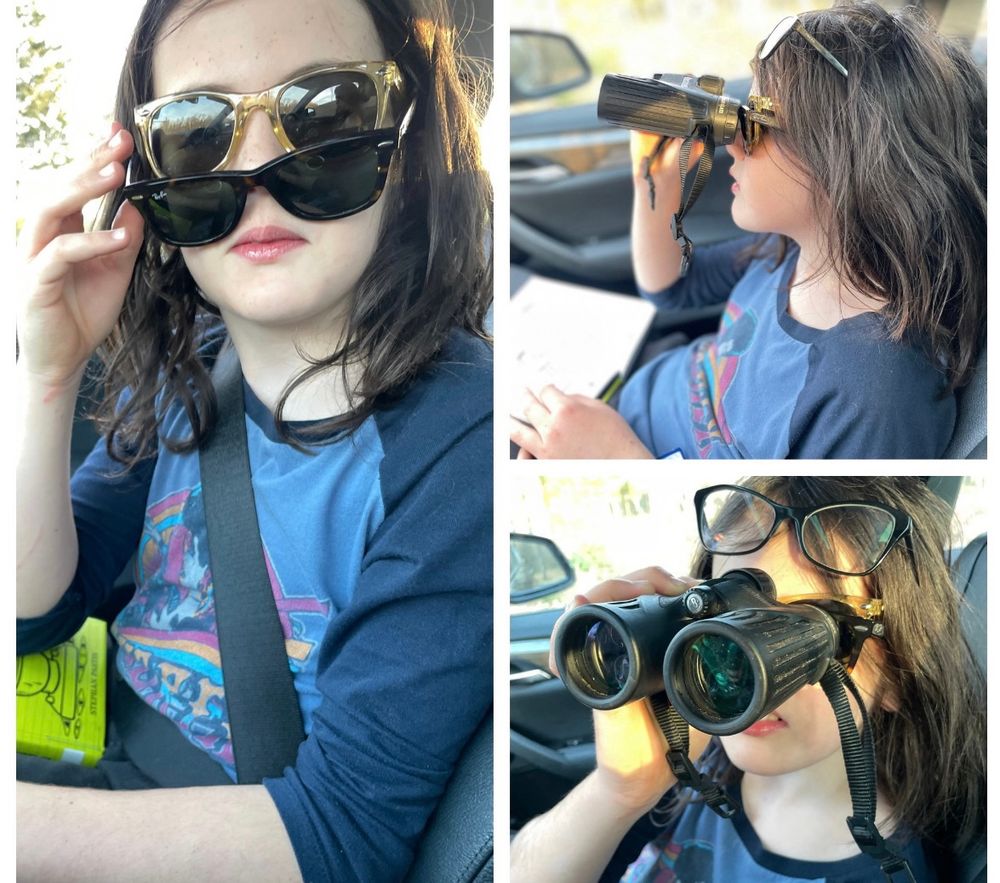 Collage of my child looking through binoculars, looking over his glasses with more glasses on his head 