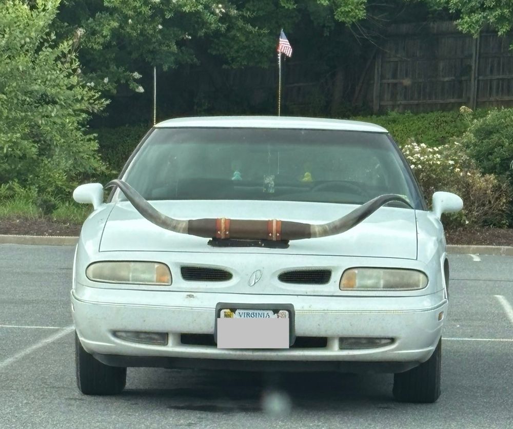 A white 1998 Oldsmobile with longhorns affixed to the front and an American flag flying from the back 