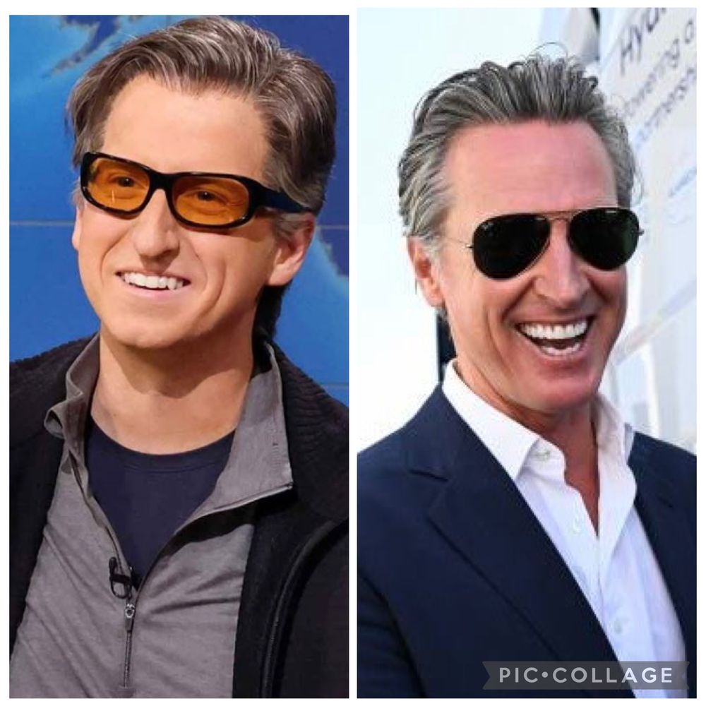 James Austin Johnson from SNL on weekend update and Gavin Newsom wearing sunglasses; strong resemblance