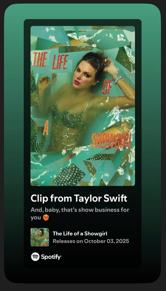 Spotify screenshot; cover art of Taylor Swift’s album The Life of a Showgirl; Taylor wearing a jeweled bikini floating in teal water