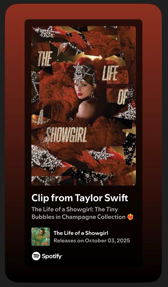 Spotify screenshot; cover art of Taylor Swift’s album The Life of a Showgirl; Taylor wearing a diamond star head piece surrounded by rust colored boas