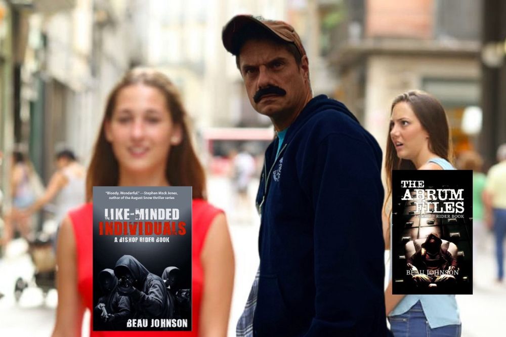 Image of woman (book cover The Abrum Files superimposed on her) in background looking dismayed as man turns to looks at another woman in foreground (book cover Like-Minded Individuals superimposed on her)
