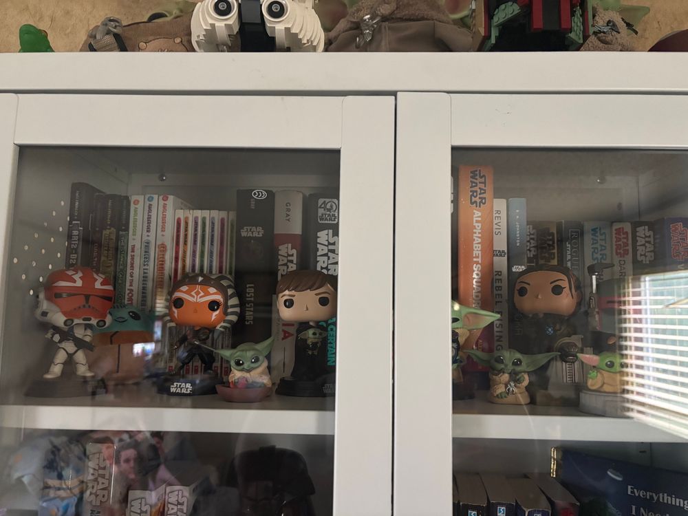 The is the top shelf. Novels standing upright in back. In front are FPs: Captain Rex with Ahsoka’s tribal markings on helmet, Ahsoka, Luke holding Grogu, Grogu torturing Babu Frik only partly visible at this angle and a Boba with Fennec Shand sitting on Jabba’s old throne. In front are is an assortment of little vinyl Grogus, 