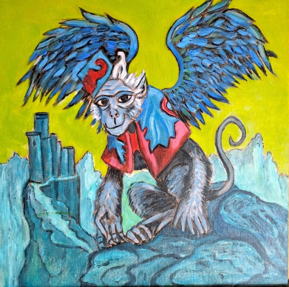 Flying monkey in a circus costume flies to a mountain top
