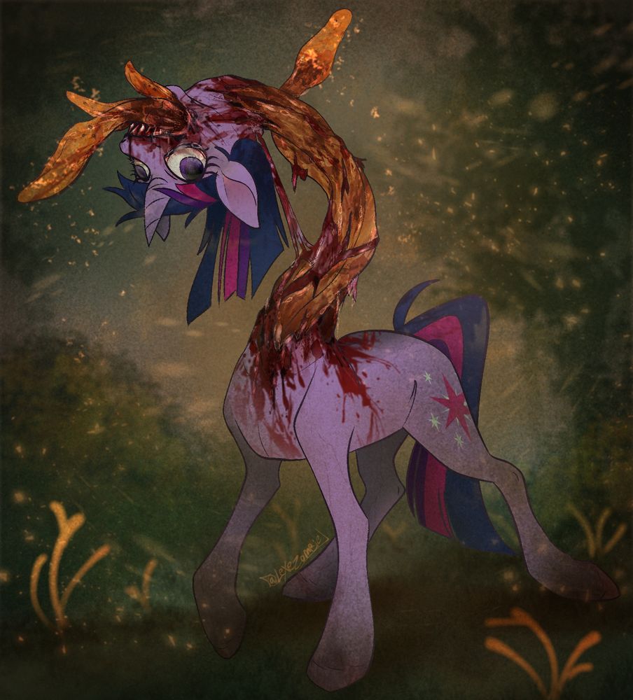 Twilight sparkle, MLP FIM, with her head torn off by cordyceps; which come out of her mouth. One of her back legs is heavily bruised and dragging across the grass.
