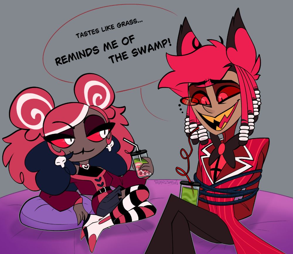 Velvette sitting on a bed with a strawberry-matcha boba tea. Alastor, still tied up in cords, sits next to her with his legs crossed. He has a normal Matcha on his lap with a long silly straw. His hair is done with beads in it.

He looks conflicted, and the speech bubble says: 'Tastes like grass... reminds me of the swamp!'
