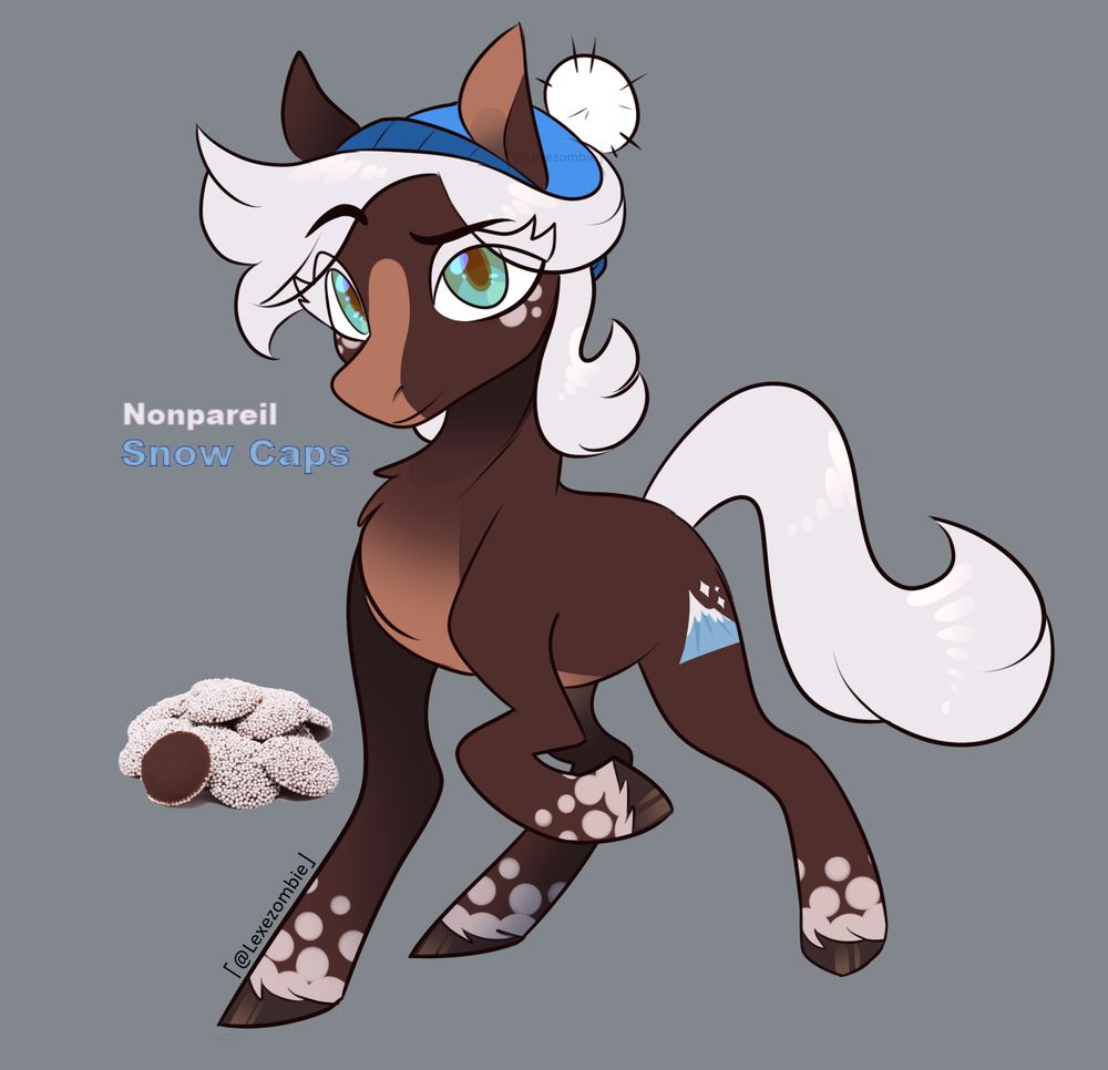 An earth pony with a blue puffball beanie. Her hair is an off white and her body is dark brown. pink-tinted grey spots are on the ends of her legs and cheeks, resembling sprinkles on sno-caps. She has light brown markings on her muzzle and belly. Her cutiemark shows a blue snowy mountain with three small sparkles next to it. Her eyes are a pale teal-ish colour. Her name is Nonpareil, but she goes by Snow Caps