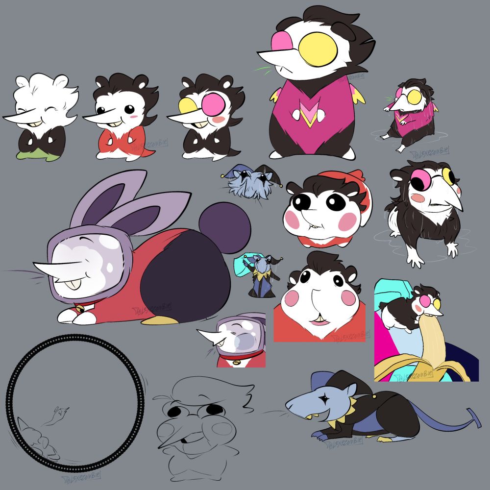 a bunch of doodles of Spamton as a hamster, Tenna as a rabbit and Jevil as a rat; drawn over various memes, specifically wet hamsters/rats -- Sneo is a guinea pig