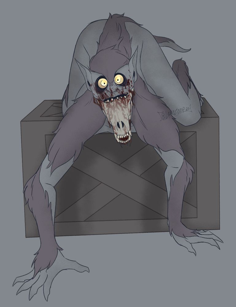 A deformed, grey werewolf with a patches of fur and a bloody wolf skull sticking out of the human heads mouth; he's crawling down from a box and stares at the camera