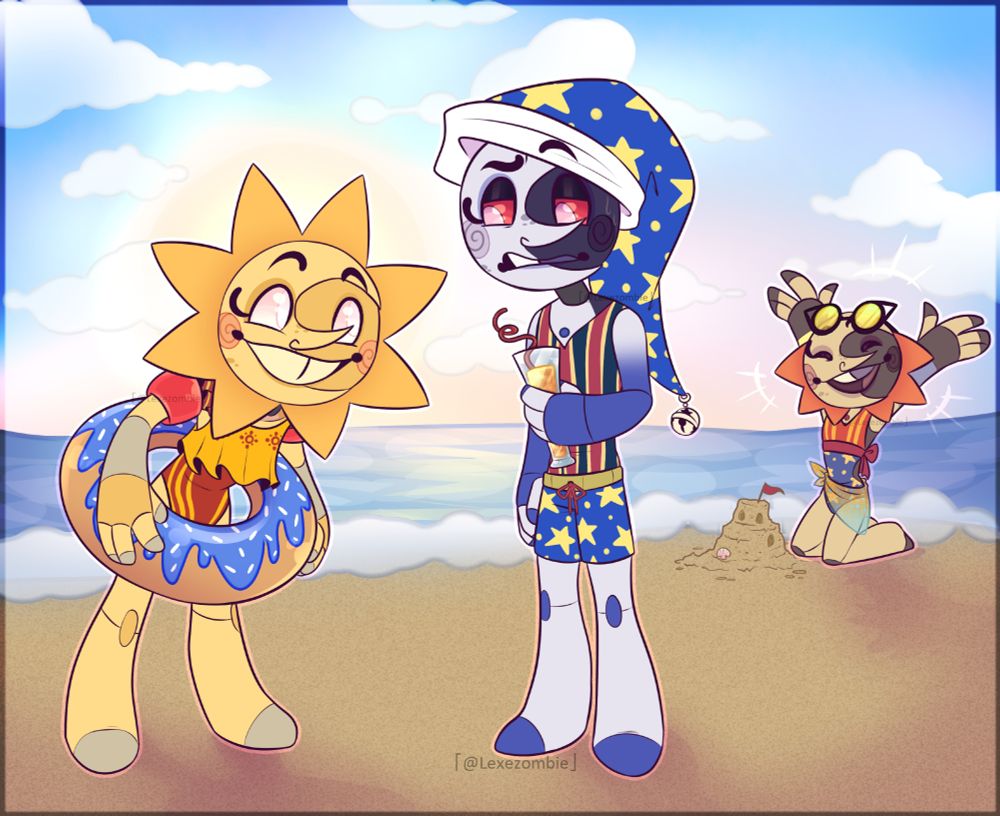 Chibi-ish Sun, Moon and Eclipse from FNAF Security Breach having a lil beach episode lol