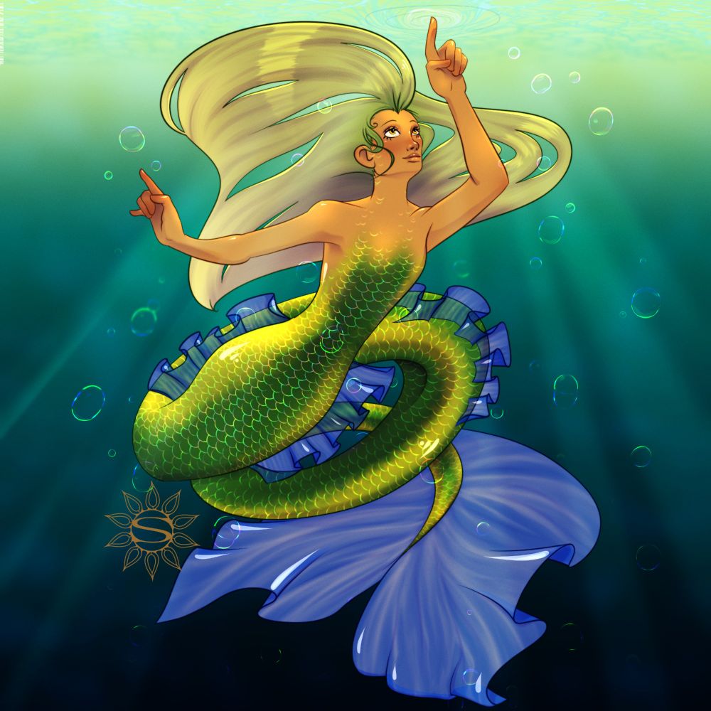 a mermaid with green scales and blue fins touching the surface of the water with the tip of her finger