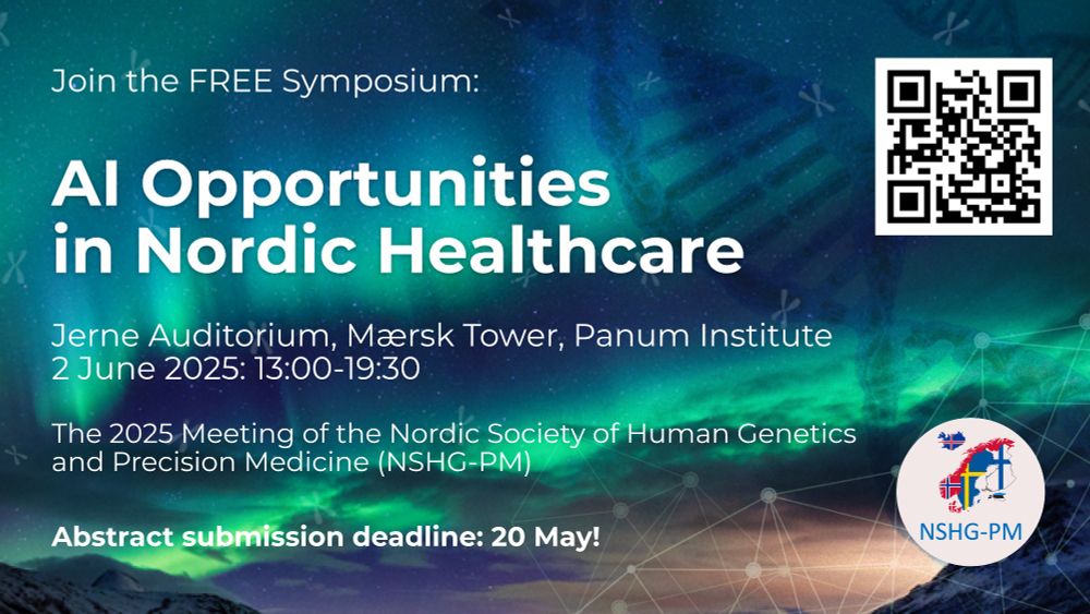 A poster advertising for AI Opportunities in Nordic Healthcare at Jerne Auditorium at Panum on 2 June 2025 