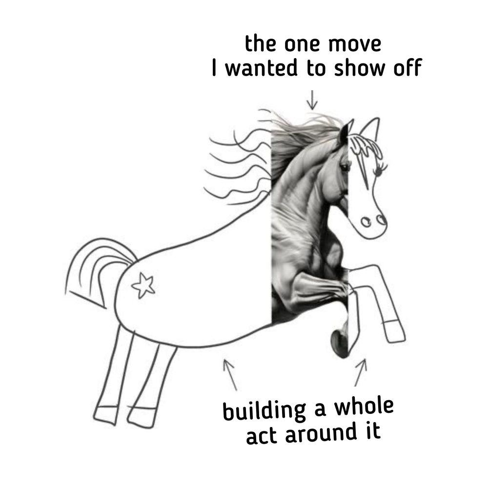 Highly detailed but small section of a drawn horse labeled "the one move I wanted to show off" with the rest of the horse drawn simply labeled "building a whole act around it"