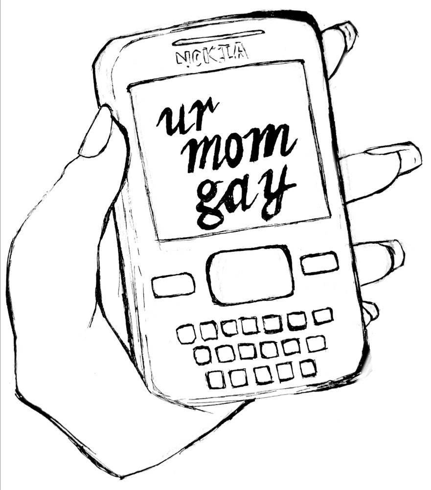 line only ink drawing of a hand holding a y2k nokia mobile phone that says “ur mom gay” in cursive letters on the screen