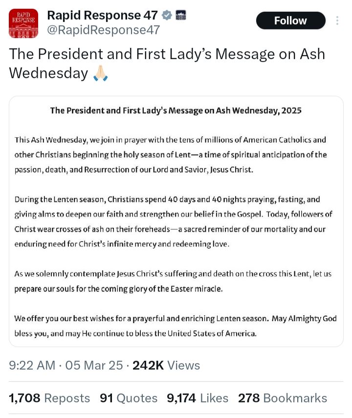 A screenshot of a tweet from rapid response 47 with a message about Ash Wednesday.