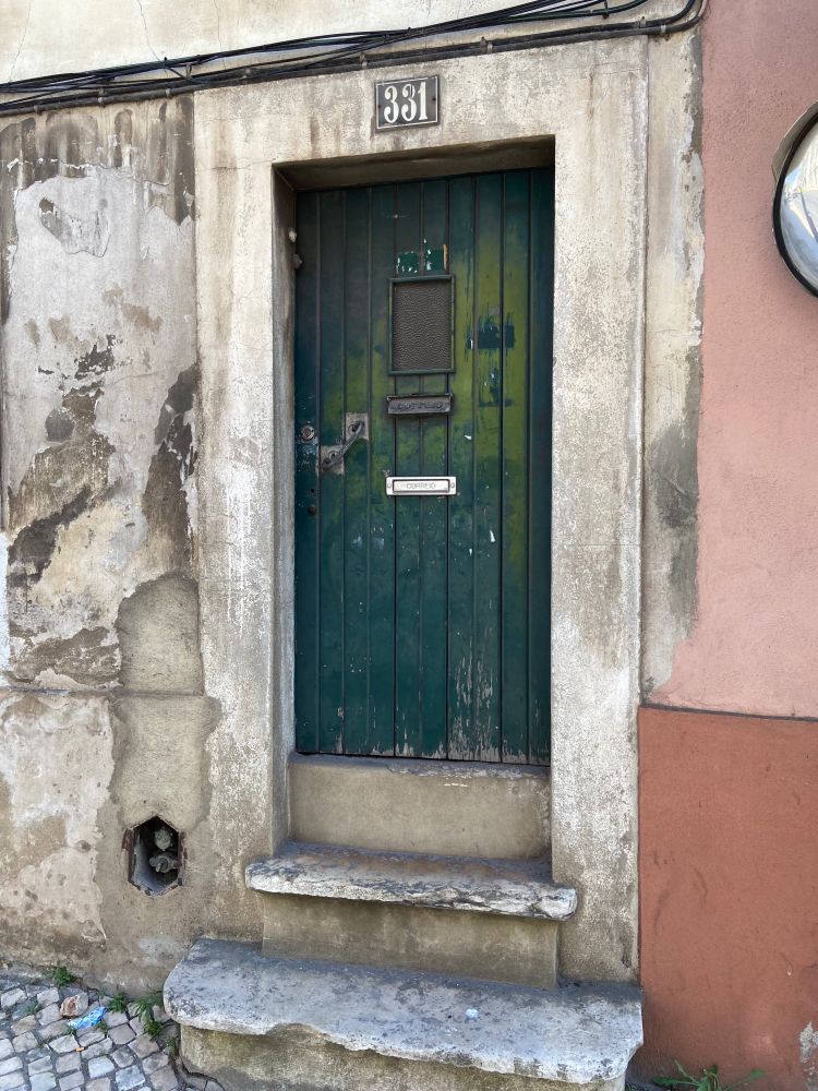 A green door, two steps up from the street, in a dilapidated house.