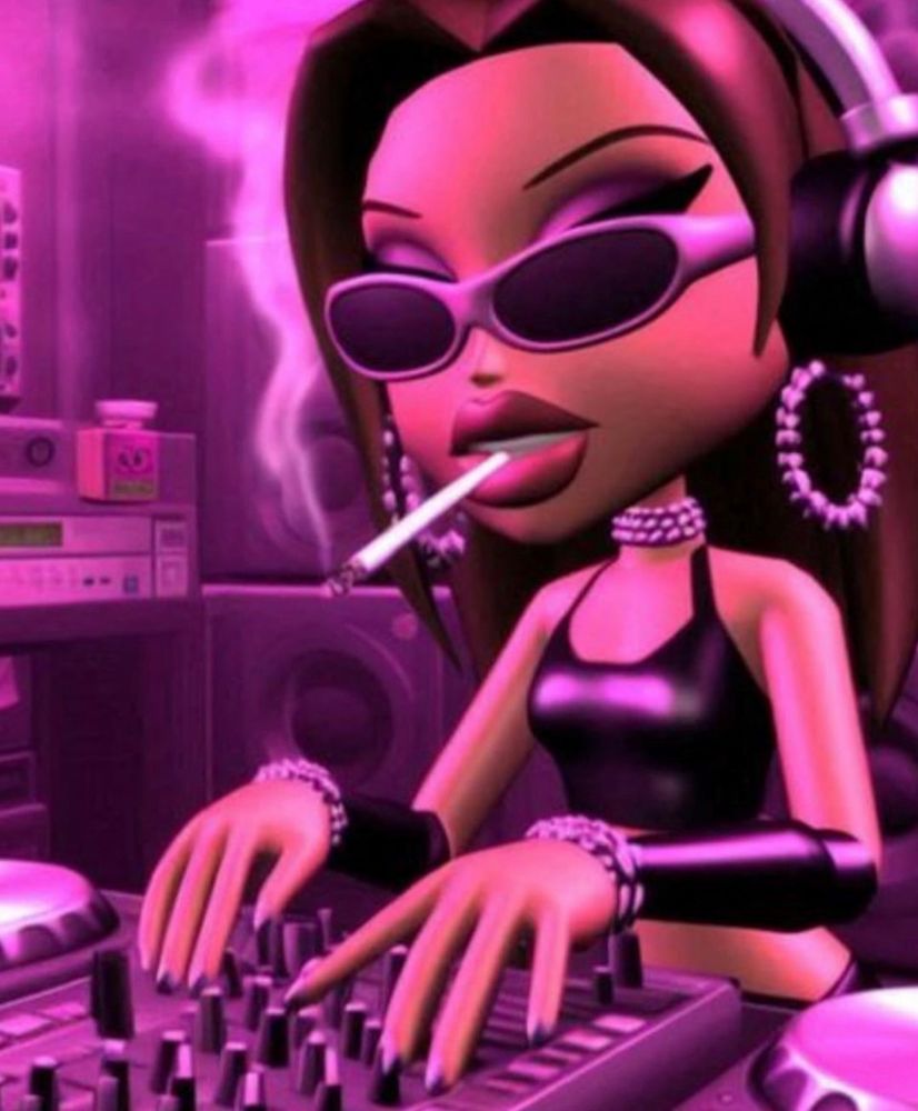 A bratz girlie in a pink dj booth wearing sunnies with a cig in her mouth
