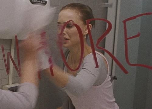 Natalie Portman in black swan. She’s in the bathroom trying (unsuccessfully) to wipe off wh*re from the bathroom mirror