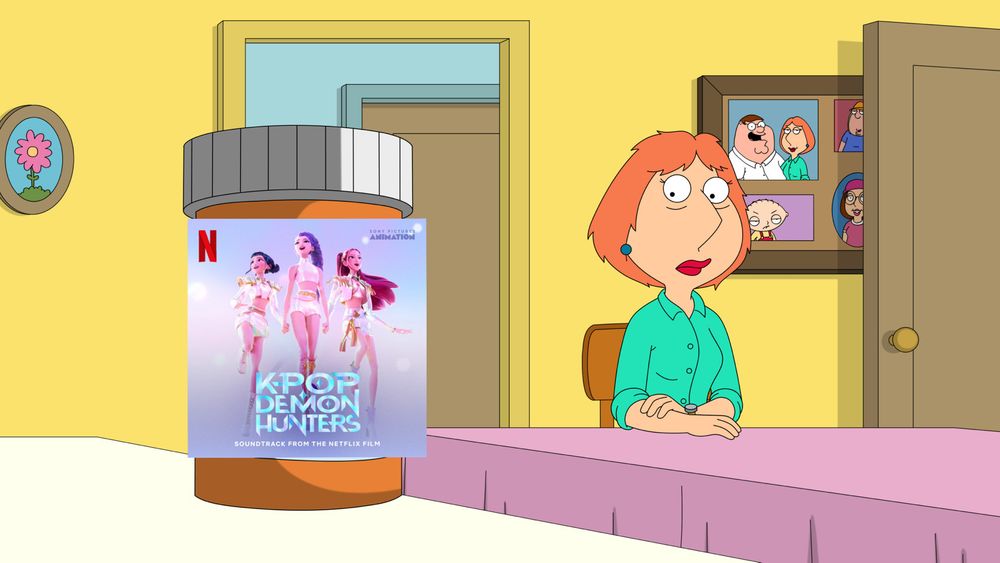 Lois griffin staring at a bottle of K-pop demon hunters pills