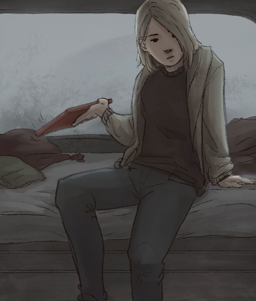 A girl sitting, looking a little bored, throwing her etch-a-sketch behind her.