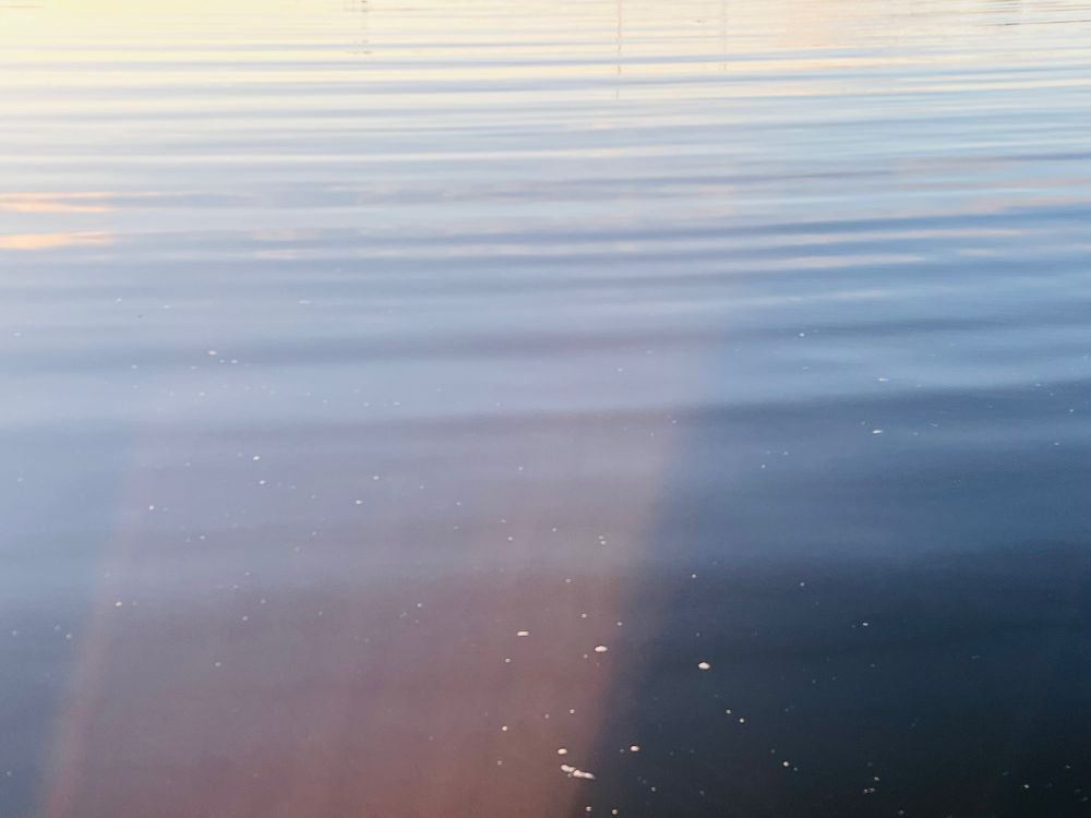 Calm water with small parallel horizontal layers of incoming waves. Light is bright with part of the foreground split by shadow. 