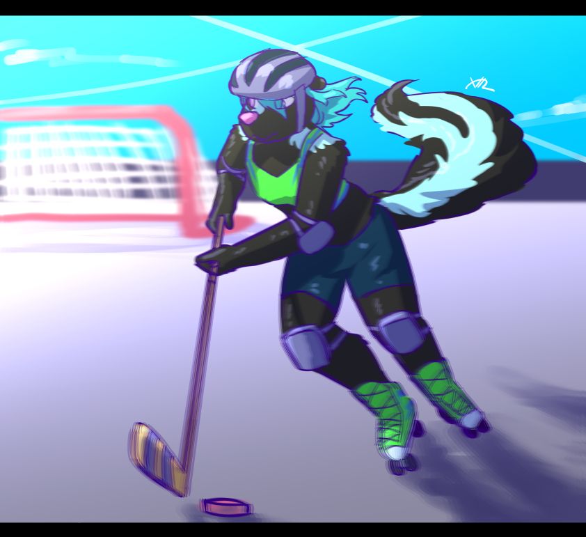 Stella the skunk playing floor/dek hockey zoomin around