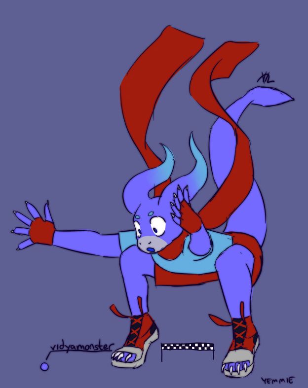 Vidya monster doing a squat jump over a finish line