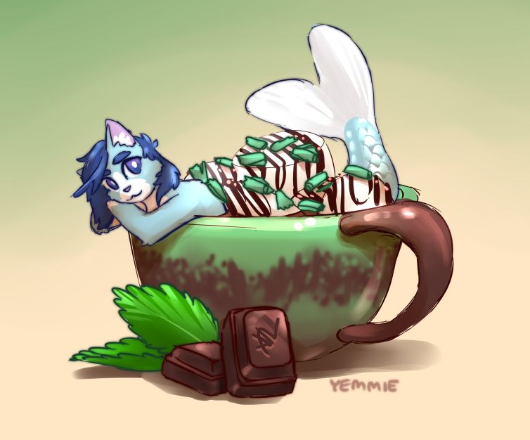 choco the blue cat as a catfish mermaid chilling in a cup of peppermint hot chocolate 
 