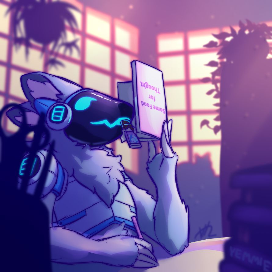 Hiki the protogen sitting in a studying room reading an upside down book and eating some chocolate