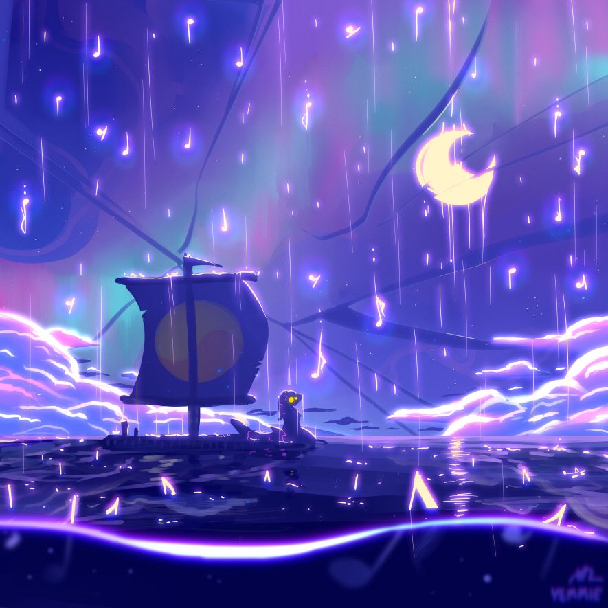 azure the electroshark floating on a raft in the middle of a music note rain storm looking at a shattered sky