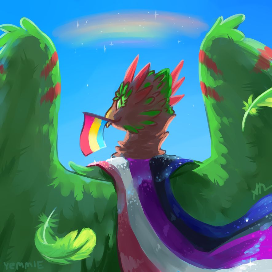 xaan the green Cockatrice dragon holding a pan flag in their beak with a genderfluid flag as a cape