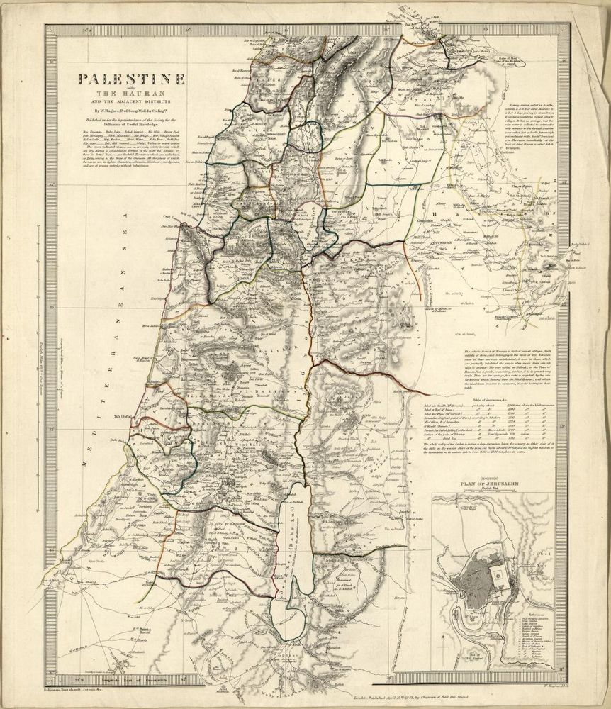 Map titled, "Palestine, with the Hauran, and the adjacent districts," published by Charles Knight & Co in 1843.