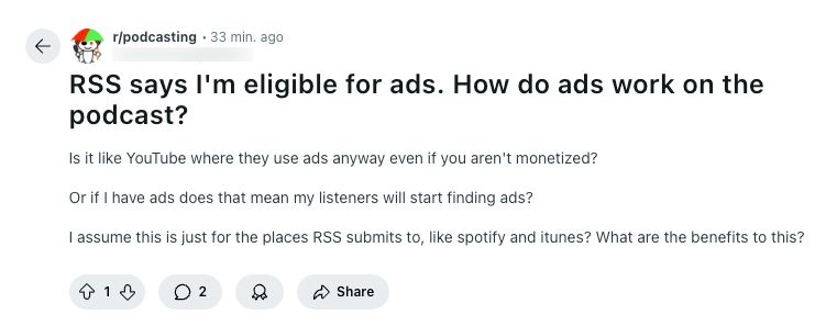A screen shot from Reddit asking how ads work on RSS.com