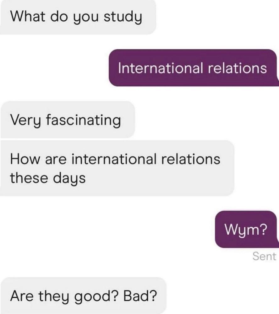 screenshot of a dating app conversation:
person 1: what do you study
person 2: international relations
person 1: very fascinating. how are international relations these days
person 2: wym?
person 1: are they good? bad?