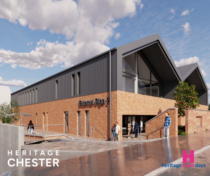An artist's rendering of the proposed Cheshire Archives Centre showing a modern building design that combines red brick at ground level with dark grey metal cladding on the upper sections. The structure features large glass windows and entrance areas, clean geometric lines, and a distinctive angular roofline. The sky is blue with white clouds. In the bottom left corner is white text reading "HERITAGE CHESTER" and in the bottom right is the Heritage Open Days logo featuring a pink castle icon with blue and pink text.