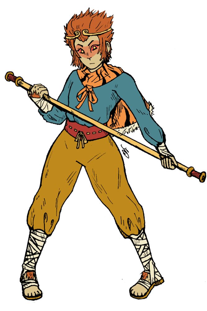 Sun Wukong posing with his golden golden staff, uhh he's got pants on! And a shirt! I'm so bad at describing stuff I'm legitimately so sorry.