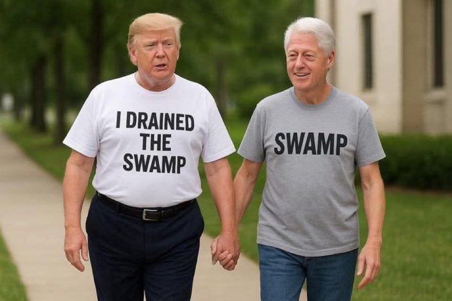 Trump holding hands with Clinton after sucking him off.  