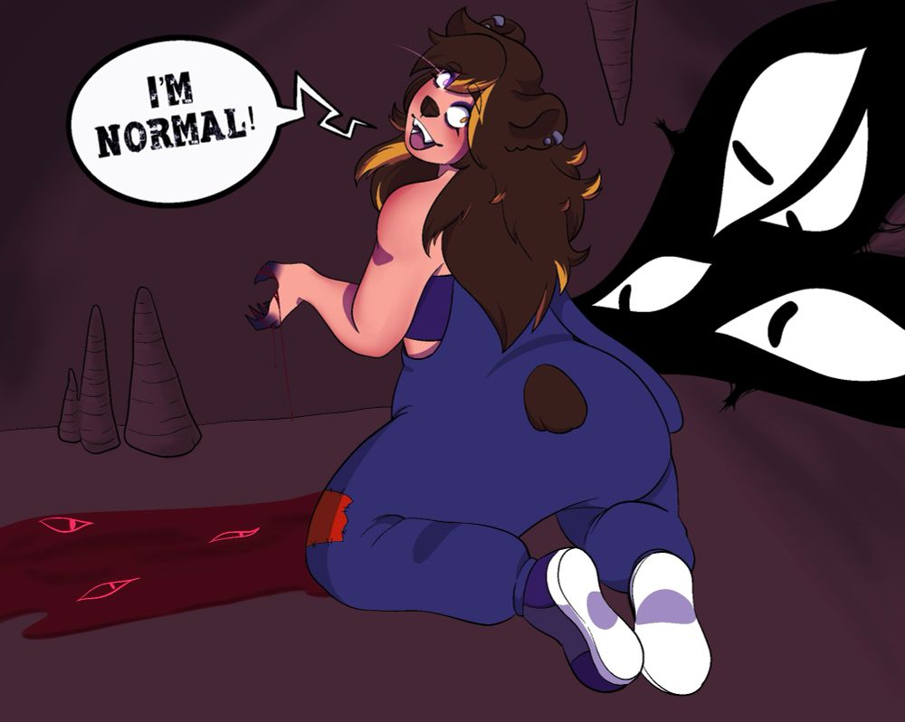 dooble kneeling over a puddle of blood, blooding dripping from their claws, as eldritch eyes watch from the corner 