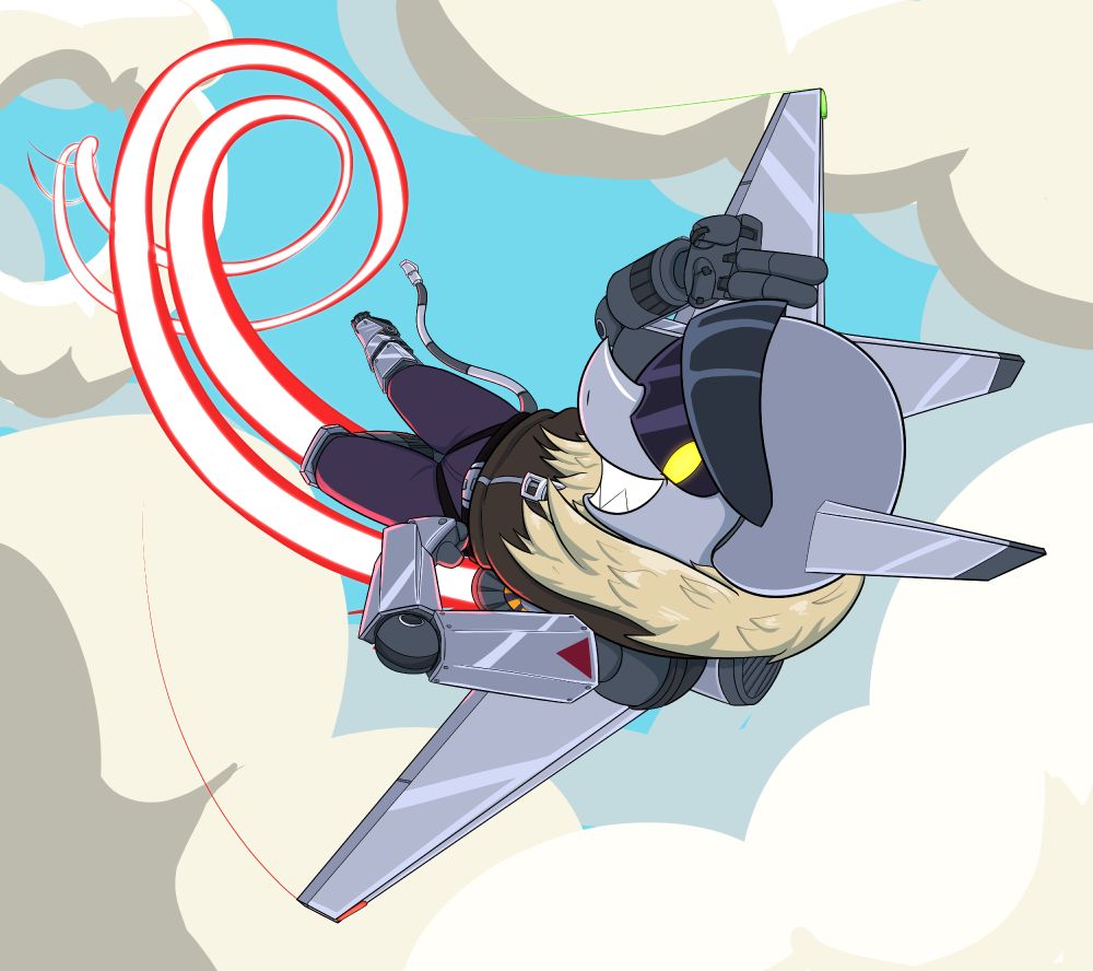 A blue-grey metal plane robot flying through the sky with a jetpack and long red trails showing the spinning path they took. He's giving a two fingered salute to the camera.