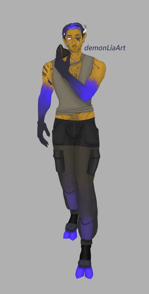 A minotaur like male with golden skin, dark hair, and purple galaxy accents that engulf his shirt hair, forearms, hands, and hooves. Scars with the same galaxy accents bleeding across his shoulder, face, and out of his left eye.  One chipped horn sticks out from his left temple while the right horn is broken. He wears a ripped grey sleeveless shirt and sheer cargo pants with form fitting black shorts underneath. 
