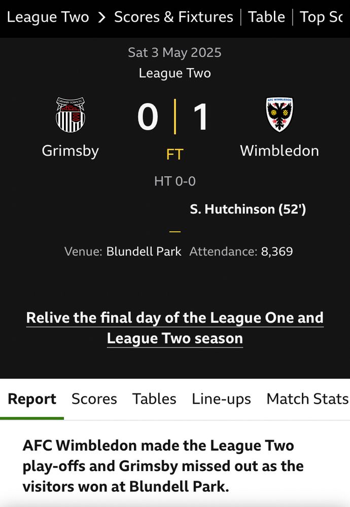 A snip of AFC Wimbledon’s 1-0 win against Grimsby which guarantees a place in the League Two playoffs.