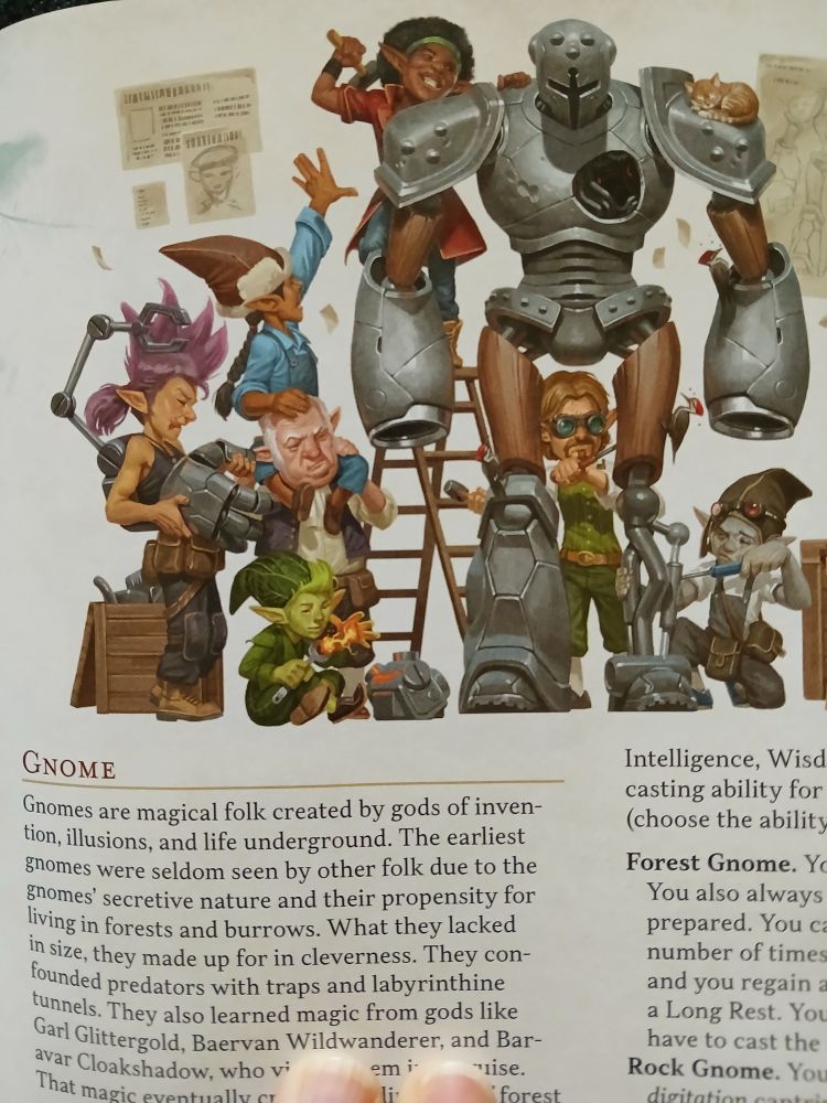 a diverse crew of gnomes builds an armored suit