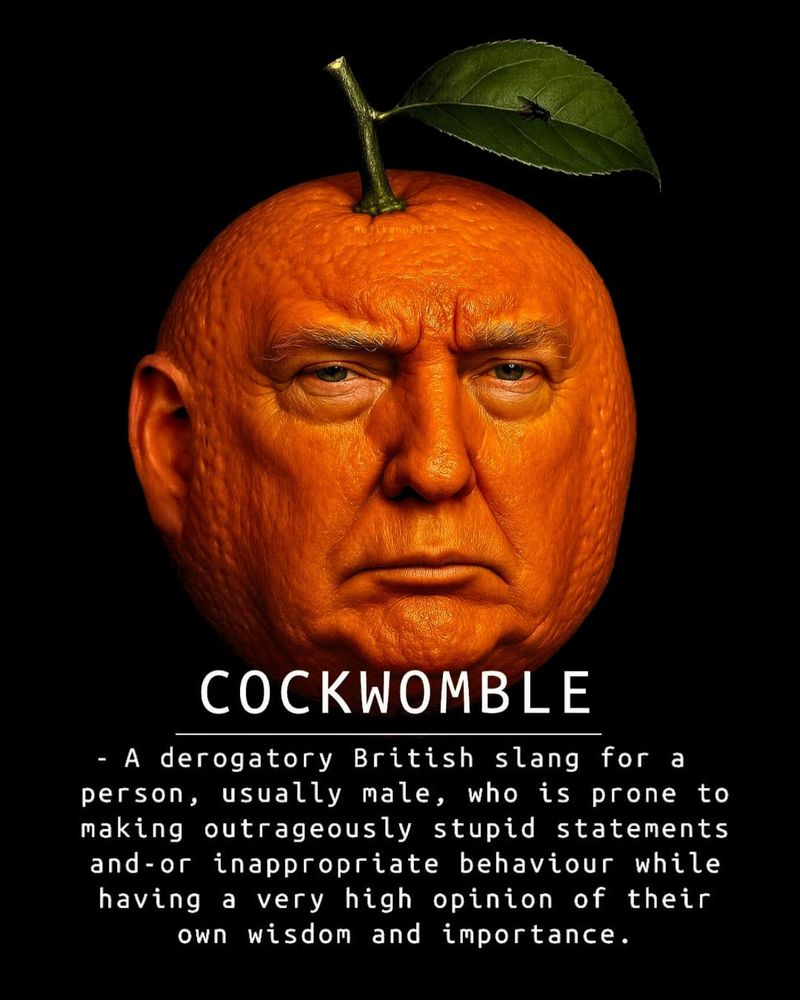 THE ORANGE HORROR DJT
as the Not So Great Pumpkin 
and beneath the illustration:

"COCKWOMBLE"

A derogatory British slang for a person, most usually male, who is prone to making outrageously stupid statements and/or committing utterly inappropriate behaviour while having a very high opinion of their own wisdom & importance
